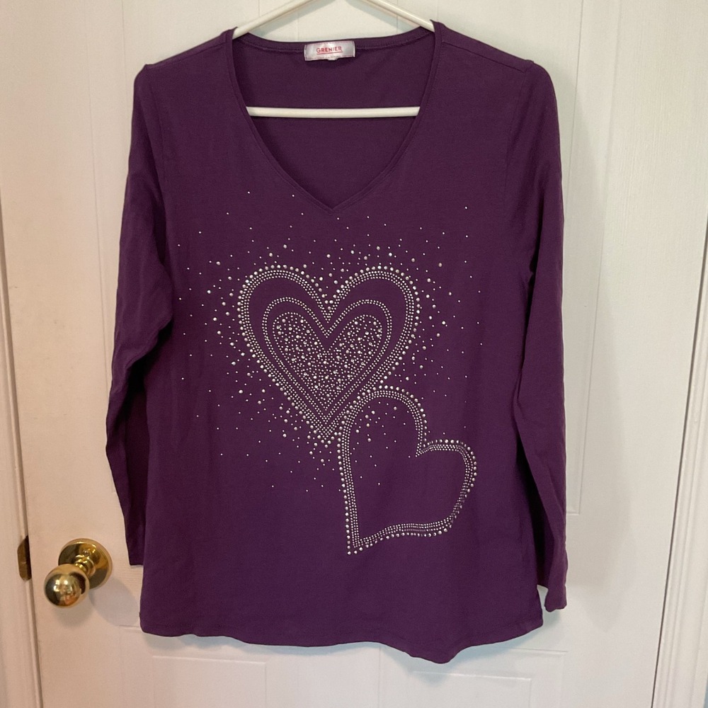 Grenier Long Sleeve Top Womens Large Purple Excellent Rhinestone Heart V-Neck